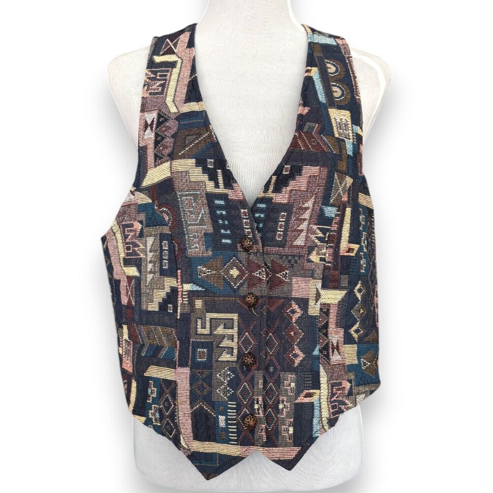 Ellen & Company Vintage 90s  tapestry patchwork Vest‎ Women’s Button Up sz S/M